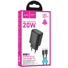 CARICABATTERIA USB-A + USB-C HOCO N61 + CAVO TYPE-C LIGHTNING PD QC 20W NERO