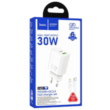 CARICABATTERIA USB-A + USB-C HOCO N63 + CAVO TYPE-C LIGHTNING PD QC 30W BIANCO