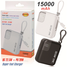 POWER BANK QC 22.5W + PD 20W CON CAVO TYPE-C + LIGHTNING 15000MAH NERO-BIANCO