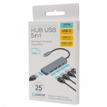 HUB USB-C 5 IN 1 4X USB-A 3.2 + USB-C PD 100W IN ALLUMINIO