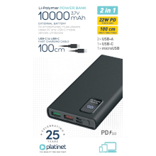POWER BANK 10000MAH 2XUSB + 1XTYPE-C + 1XMICRO-USB QC PD 3.0 22W NERO