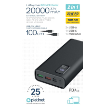 POWER BANK 20000MAH 2XUSB + 1XTYPE-C + 1XMICRO-USB QC PD 3.0 20W NERO