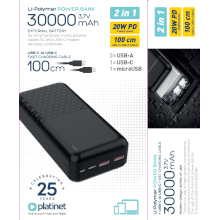 POWER BANK 30000MAH 2XUSB + 1XTYPE-C + 1XMICRO-USB QC PD 3.0 20W NERO