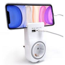 ADATTATORE 1 SCHUKO 16A + 2 USB 2.4A/5V CON SUPPORTO E SENSORE DIURNO/NOTTURNO BIANCO