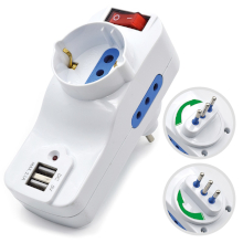 ADATTATORE 1 SCHUKO 10A + 2 PRESE 10A + 2 USB 2.1A/5V CON SPINA ROTANTE 10A E INTERRUTTORE